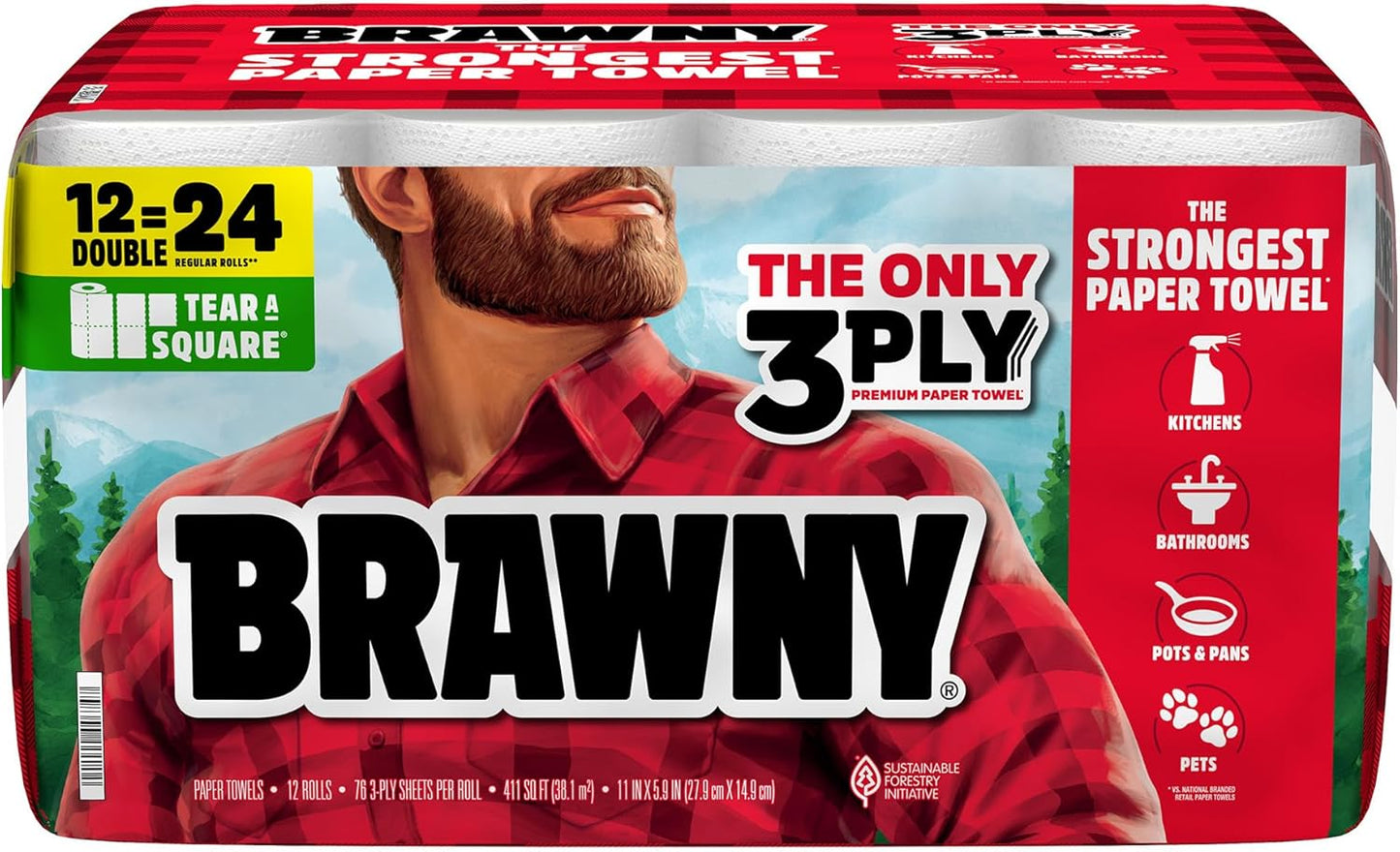Brawny Tear-A-Square 3-Ply Paper Towels, 6 Double Rolls = 12 Regular Rolls, Strong, Absorbent, and Durable with 3 Sheet Sizes (Quarter, Half, Full)