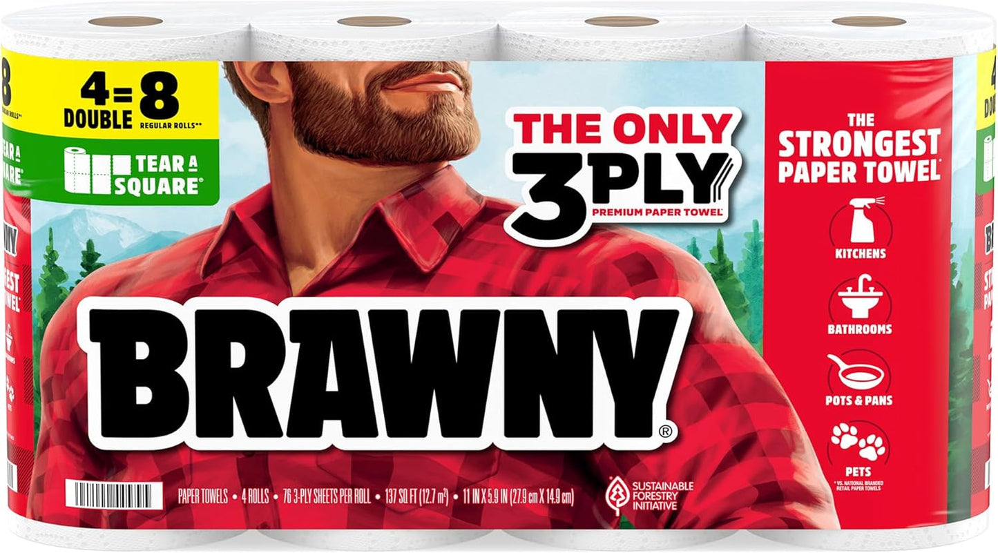 Brawny Tear-A-Square 3-Ply Paper Towels, 6 Double Rolls = 12 Regular Rolls, Strong, Absorbent, and Durable with 3 Sheet Sizes (Quarter, Half, Full)