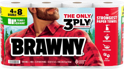 Brawny Tear-A-Square 3-Ply Paper Towels, 6 Double Rolls = 12 Regular Rolls, Strong, Absorbent, and Durable with 3 Sheet Sizes (Quarter, Half, Full)