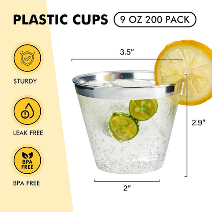 RACETOP 200 Pack 9 oz Clear Plastic Cups for Party, Disposable Clear Cup, Disposable Cups, Wine Glasses Cups, Plastic Cocktail Glasses