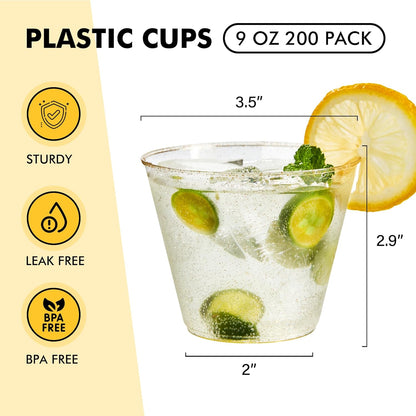 RACETOP 200 Pack 9 oz Clear Plastic Cups for Party, Disposable Clear Cup, Disposable Cups, Wine Glasses Cups, Plastic Cocktail Glasses