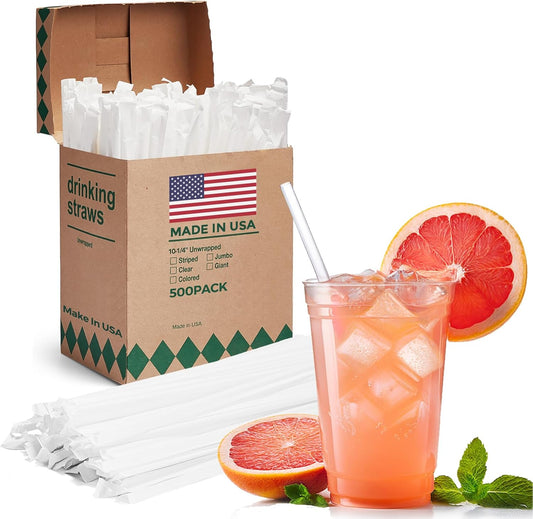 Glotoch Express 500PCS Individually Wrapped Clear Plastic Straws, 7.75'' Long, 0.24'' Diameter Disposable Drinking Straws for Every Occasion, Party, Made in USA