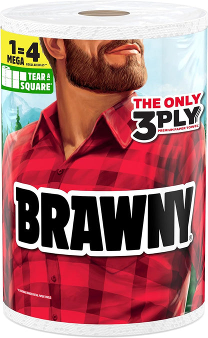 Brawny Tear-A-Square 3-Ply Paper Towels, 6 Double Rolls = 12 Regular Rolls, Strong, Absorbent, and Durable with 3 Sheet Sizes (Quarter, Half, Full)