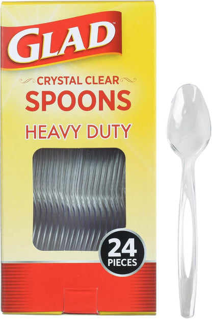 Glad Clear Plastic Spoons, Disposable Plastic Utensils for Parties Events and Everyday Meals, Sturdy Clear Plastic Cutlery for Easy Cleanup and Convenience, 24 Count