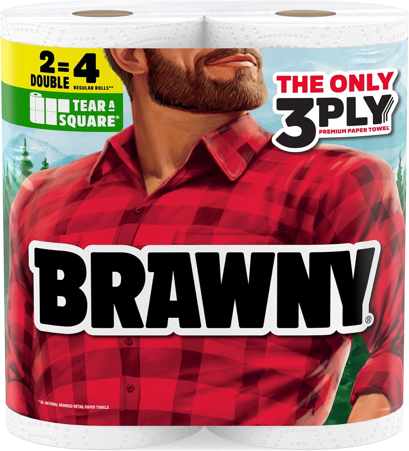 Brawny Tear-A-Square 3-Ply Paper Towels, 6 Double Rolls = 12 Regular Rolls, Strong, Absorbent, and Durable with 3 Sheet Sizes (Quarter, Half, Full)