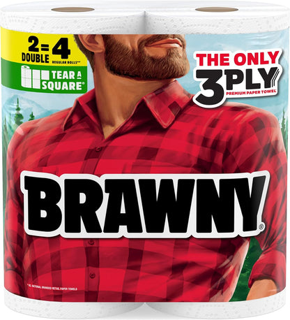 Brawny Tear-A-Square 3-Ply Paper Towels, 6 Double Rolls = 12 Regular Rolls, Strong, Absorbent, and Durable with 3 Sheet Sizes (Quarter, Half, Full)