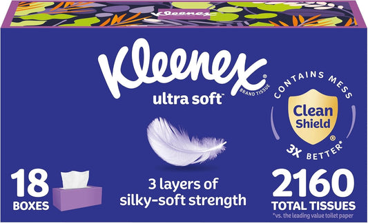 Kleenex Ultra Soft Facial Tissues, 8 Flat Boxes, 180 Tissues per Box, 3-Ply, Packaging May Vary