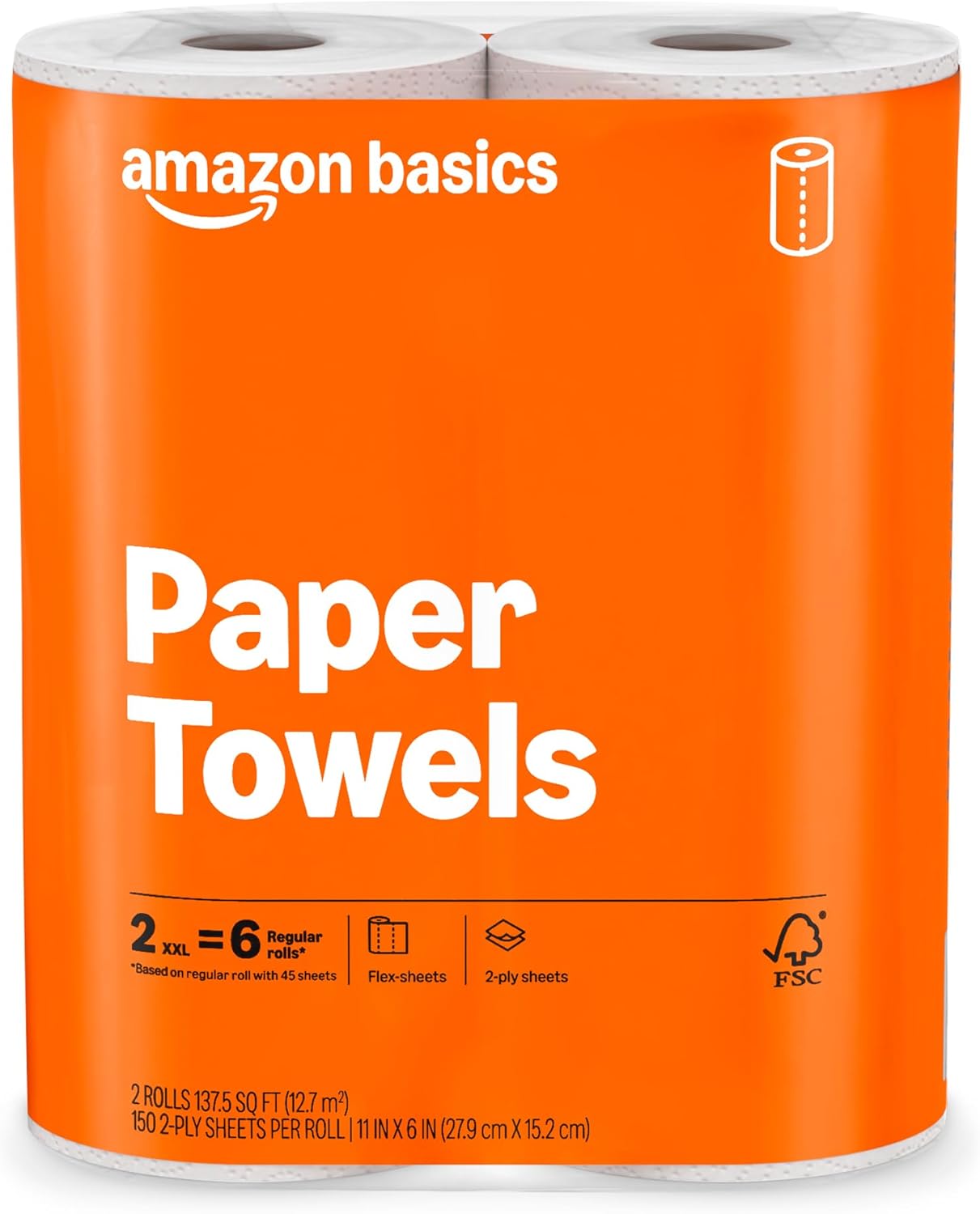 Amazon Basics 2-Ply Flex-Sheets Paper Towels, 12 Basics Rolls = 40 Regular Rolls, Everyday Value with 150 Sheets per Roll, Packaging May Vary
