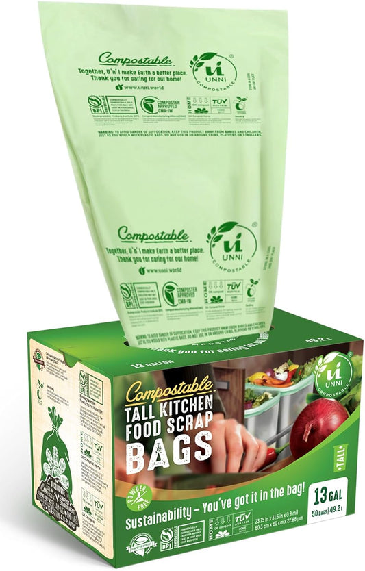 UNNI Compostable Trash Bags, 2.6 Gallon / 9.84 Liter, 100 Count, Extra Thick 0.71 Mil Small Kitchen Food Scrap Bin Liners, Certified by BPI, CMA & OK compost HOME, Meets the ASTM D6400 Standard
