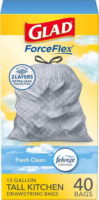 Glad Tall Kitchen Drawstring Trash Bags - Odorshield 13 Gallon White Trash Bag, Febreze Fresh Clean, 110 Count