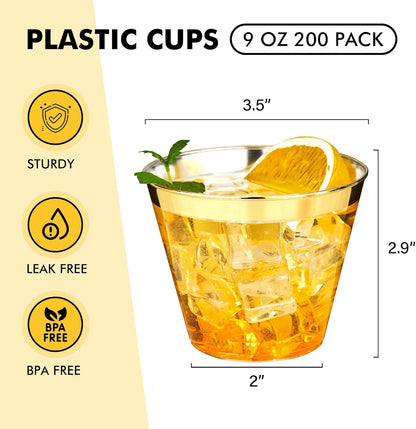 RACETOP 200 Pack 9 oz Clear Plastic Cups for Party, Disposable Clear Cup, Disposable Cups, Wine Glasses Cups, Plastic Cocktail Glasses