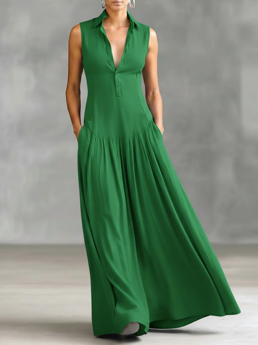 🔥Summer Arrivals🌟Women's Solid Color Lapel Sleeveless Casual Loose Cotton Dress