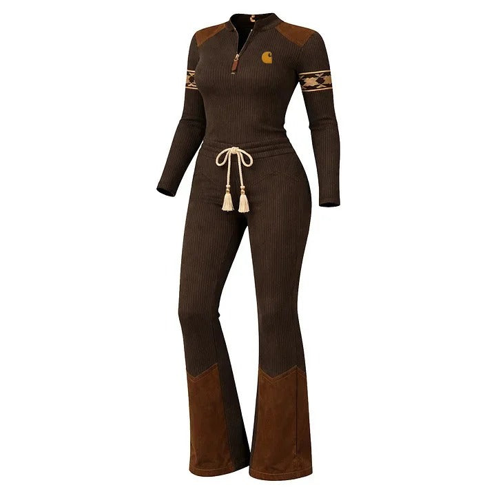 🔥𝗖𝗹𝗲𝗮𝗿𝗮𝗻𝗰𝗲 𝗦𝗮𝗹𝗲🌟Women's Vintage Brown Ribbed Jumpsuit With Suede Accents