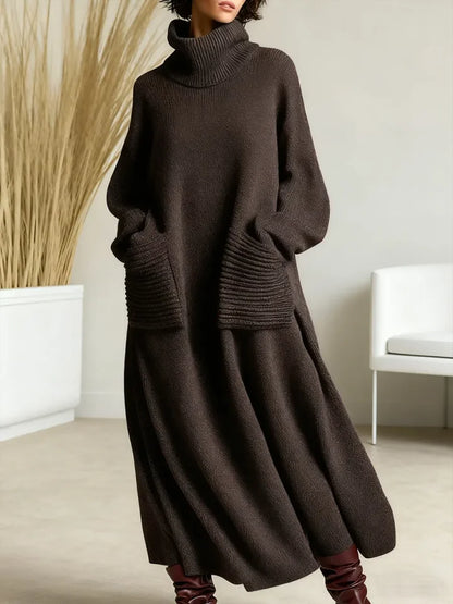 🔥Summer Arrivals🌟Women's Solid Color High-Neck Long-Sleeve Casual Loose Knit Dress