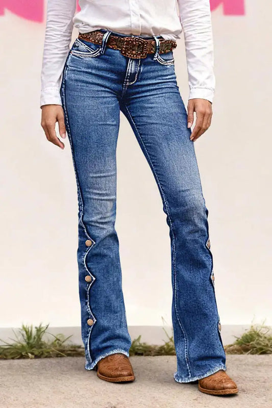 🔥Summer Arrivals🌟Raw Hem Button Side Mid Waist Bootcut Jeans Without Belt