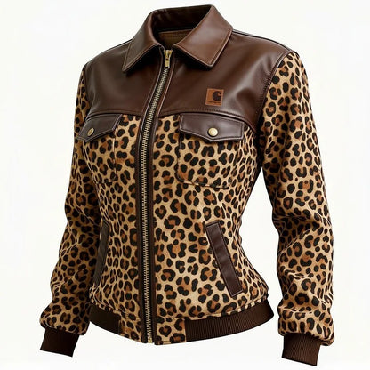 🔥𝗖𝗹𝗲𝗮𝗿𝗮𝗻𝗰𝗲 𝗦𝗮𝗹𝗲🌟Carhartt®Women's Retro Leather Patchwork Leopard Print Collar Jacket