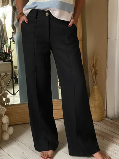 🔥Summer Arrivals🌟Classic Wooden Button Solid Color Linen Trousers