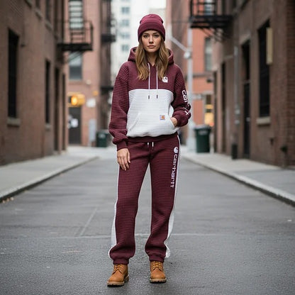 🔥𝗖𝗹𝗲𝗮𝗿𝗮𝗻𝗰𝗲 𝗦𝗮𝗹𝗲🌟Quilted Hoodie and Jogger Set for Winter Outdoors- Red wine