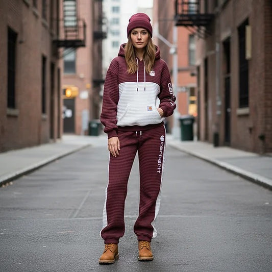 🔥𝗖𝗹𝗲𝗮𝗿𝗮𝗻𝗰𝗲 𝗦𝗮𝗹𝗲🌟Quilted Hoodie and Jogger Set for Winter Outdoors- Red wine