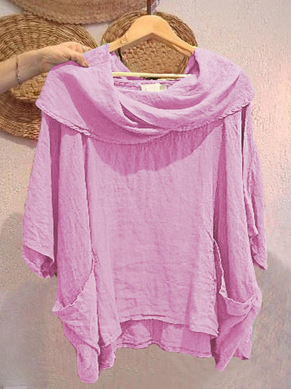 🔥Summer Arrivals🌟Women's Solid Color Draped Neck 3/4 Sleeve Comfortable Casual Linen Pocket Top