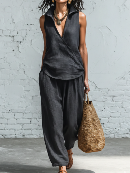 🔥Summer Arrivals🌟Minimalist Collared Shirt And Wide-leg Pant Linen Two-piece Set