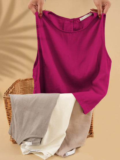 🔥Summer Arrivals🌟Women's Solid Color Round Neck Sleeveless Casual Linen Vest Top