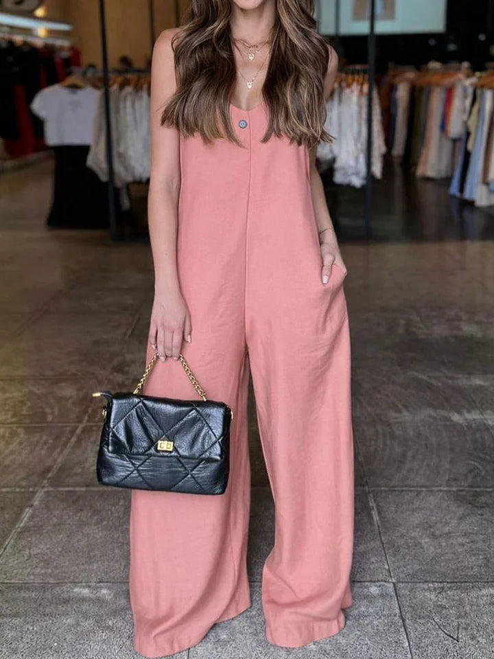 🔥Summer Arrivals🌟Women's Solid Color V-neck Sleeveless Casual Loose Cotton And Linen Jumpsuit