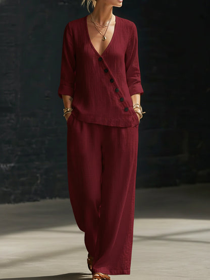 🔥Summer Arrivals🌟Minimalist V-neck Shirt And Wide-leg Pants Two-piece Set