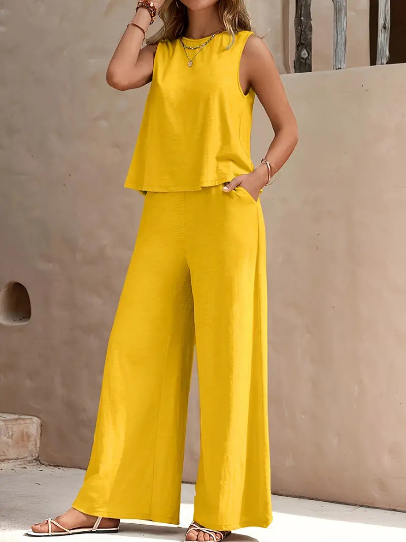 🔥Summer Arrivals🌟Women's Casual Crew Neck Top And Wide-leg Pants Set