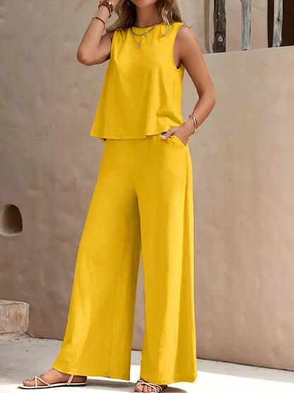 🔥Summer Arrivals🌟Women's Casual Crew Neck Top And Wide-leg Pants Set