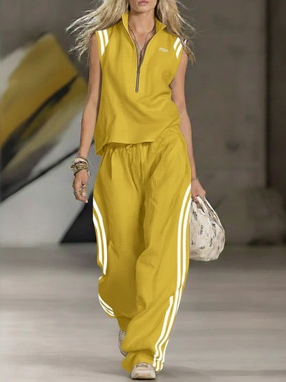 🔥Summer Arrivals🌟Women's Casual Patchwork Striped Zip-up Top And Pants Two-piece Set