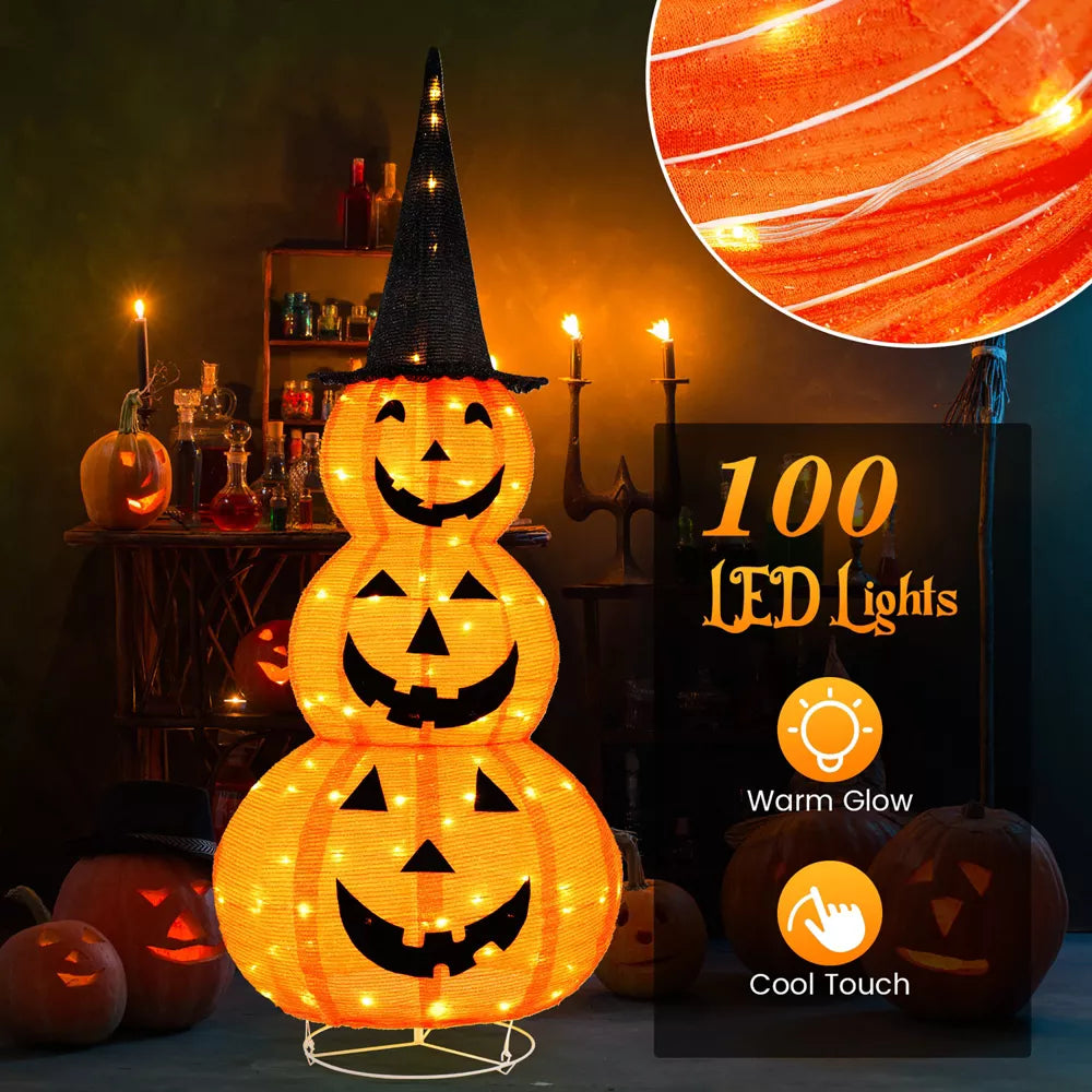 Tangkula Halloween Light Up Pumpkin Decoration Stacked Pumpkins with Witch Hat Build-in LED Lights Pop Up Jack-o-Lantern