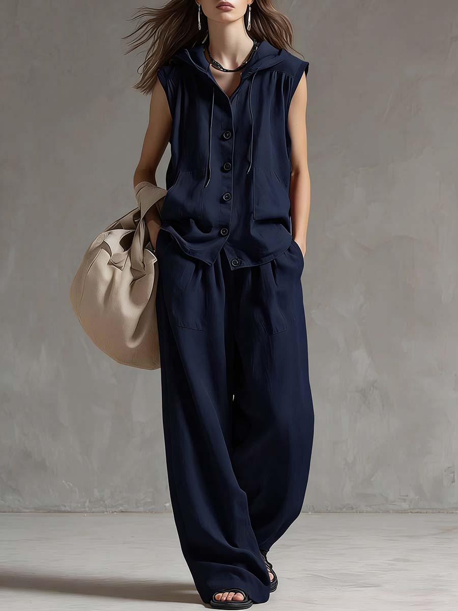 🔥Summer Arrivals🌟Women's Solid Color Sleeveless Casual Loose Hooded Top and High-Waisted Wide-Leg Cotton Set