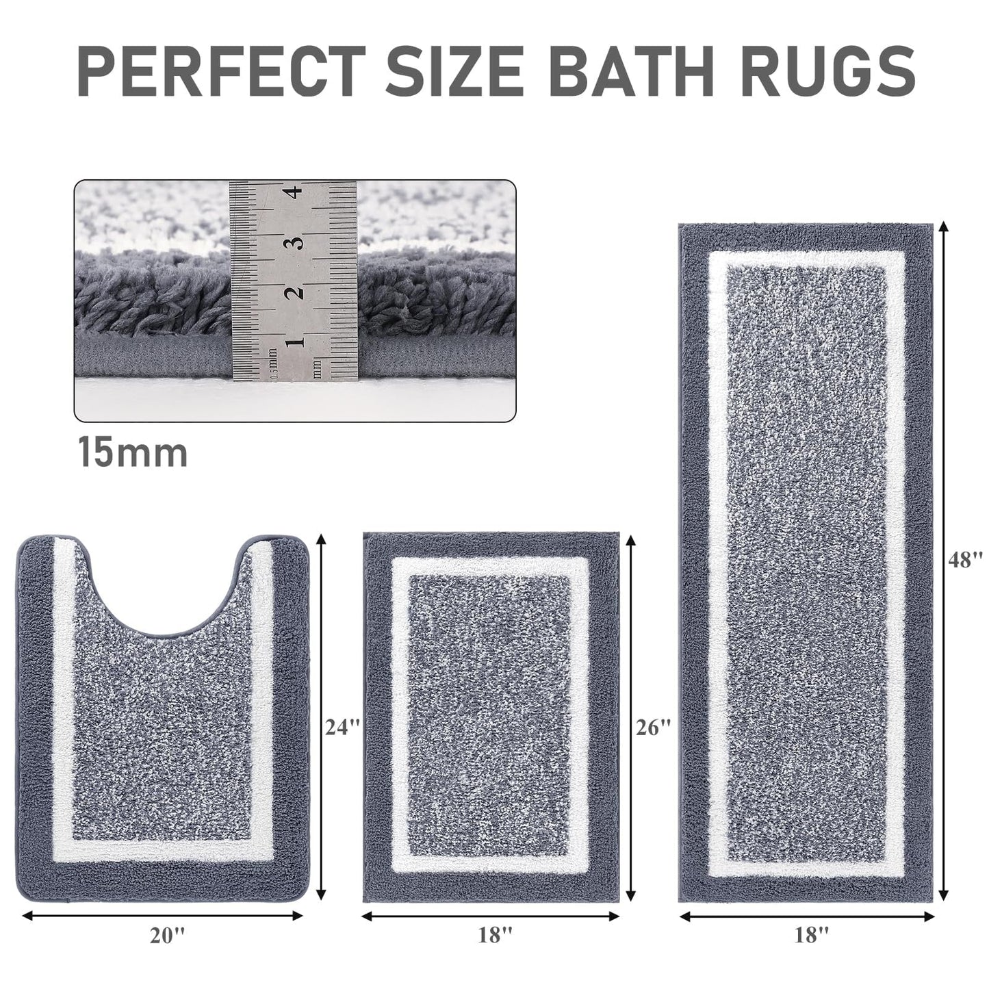 3 Piece Bath Mat Set Bathroom Rugs,Non Slip Plush Bathroom Mats,Absorbent Shaggy Bathroom Rug Set with U-Shaped Contour Toilet
