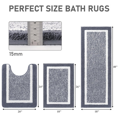 3 Piece Bath Mat Set Bathroom Rugs,Non Slip Plush Bathroom Mats,Absorbent Shaggy Bathroom Rug Set with U-Shaped Contour Toilet