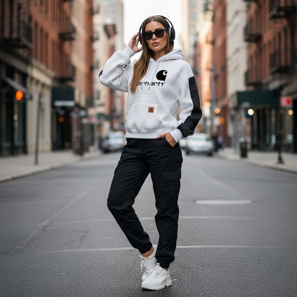 🔥𝗖𝗹𝗲𝗮𝗿𝗮𝗻𝗰𝗲 𝗦𝗮𝗹𝗲🌟Women's Vintage White And Black Waffle Quilted Plaid Pocket Hoodie