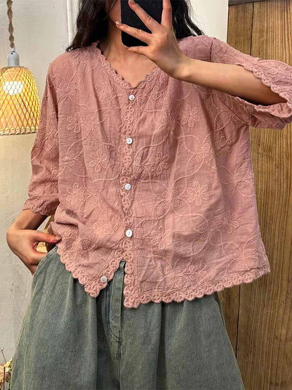 🔥Summer Arrivals🌟Women's V-neck Half Sleeve Embroidered Cardigan Buttoned Casual Linen Top