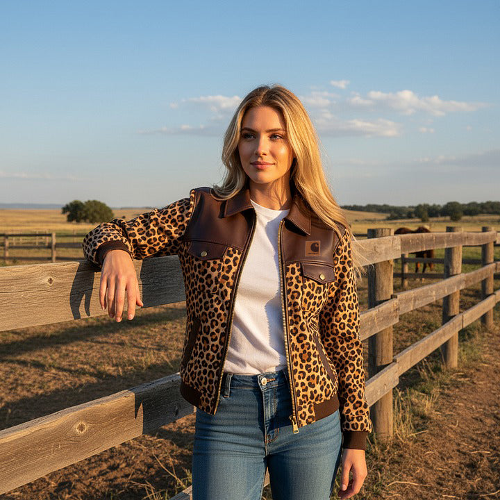 🔥𝗖𝗹𝗲𝗮𝗿𝗮𝗻𝗰𝗲 𝗦𝗮𝗹𝗲🌟Carhartt®Women's Retro Leather Patchwork Leopard Print Collar Jacket