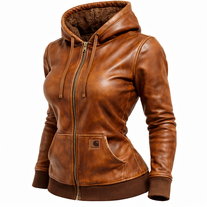 🔥𝗖𝗹𝗲𝗮𝗿𝗮𝗻𝗰𝗲 𝗦𝗮𝗹𝗲🌟Women's Vintage Black Leather Fleece Pocket Hooded Jacket
