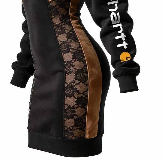 🔥𝗖𝗹𝗲𝗮𝗿𝗮𝗻𝗰𝗲 𝗦𝗮𝗹𝗲🌟Women's Vintage Black And Brown Suede Patchwork Lace Hoodie Dress