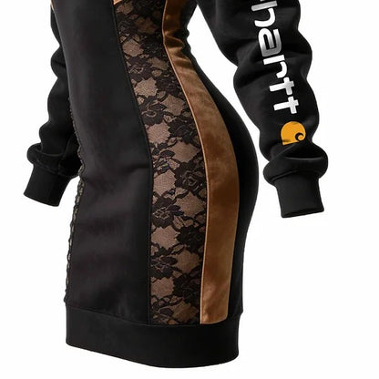 🔥𝗖𝗹𝗲𝗮𝗿𝗮𝗻𝗰𝗲 𝗦𝗮𝗹𝗲🌟Women's Vintage Black And Brown Suede Patchwork Lace Hoodie Dress