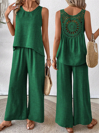 🔥Summer Arrivals🌟Women's Hollow Lace Two-piece Set: Casual Vest And Wide-leg Pants