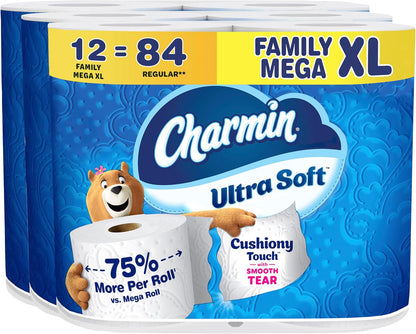 Charmin Ultra Soft Cushiony Touch Toilet Paper, 24 Family Mega = 123 Regular Rolls, White