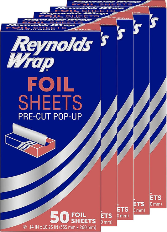 Reynolds Wrap Pre-Cut Pop-Up Aluminum Foil Sheets, 14 x 10.25 Inches, 50 Sheets (Pack of 5), 250 Total