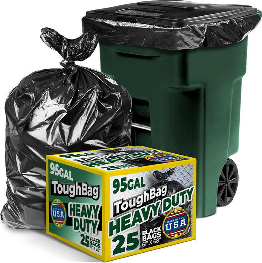 ToughBag 95-96 Gallon Trash Bags Heavy Duty (25 Count) - Extra Large Black Garbage Can Liners for 90-100 Gallon Cans - Made in USA
