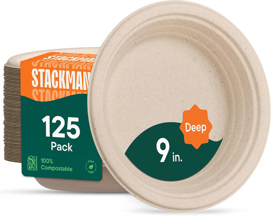 100% Compostable Paper Plates, Heavy Duty Disposable Plates [125-Pack] 9 Inch Plates - Eco-Friendly, Biodegradable Sugarcane Bagasse, Natural Unbleached Brown 9" Dinner Paper Plate Disposable