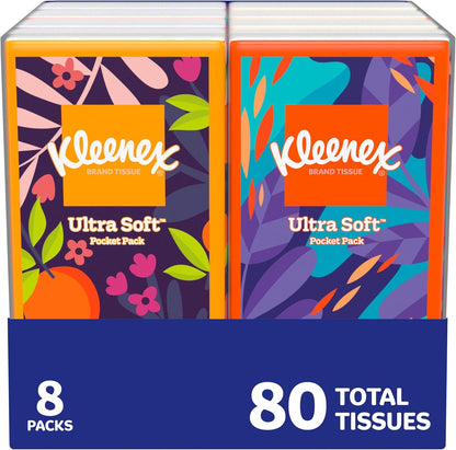 Kleenex On-The-Go Facial Tissues, 8 On-The-Go Packs, 10 Tissues per Box, 3-Ply (80 Total), Packaging May Vary
