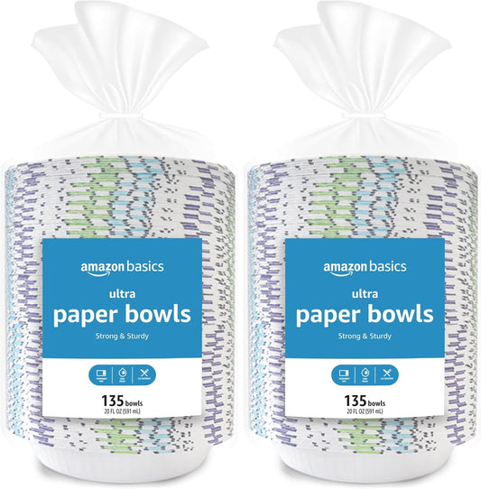 Amazon Basics Ultra Disposable Paper Bowls, 20 Oz, Microwave Safe, Soak Proof, Strong & Sturdy, White, 300 Count (6 Packs of 50)