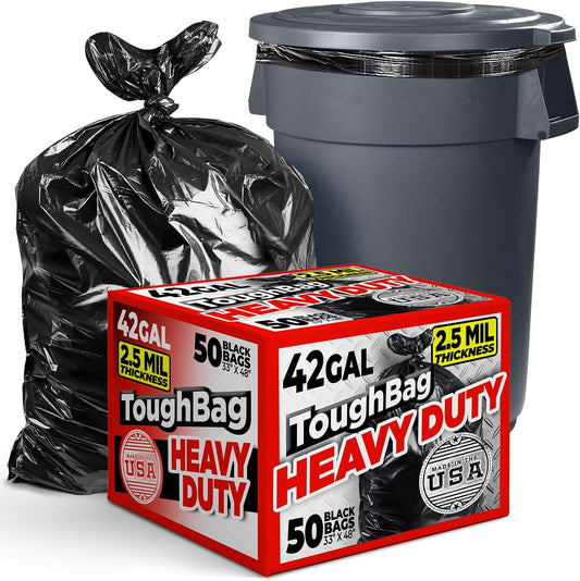 ToughBag 42 Gallon Trash Bags, 2.5 Mil Contractor Garbage Bags (50 COUNT) Heavy Duty Black Garbage Can Liners, 33 x 48" - Construction, Lawn, Industrial, Leaf - Made in USA
