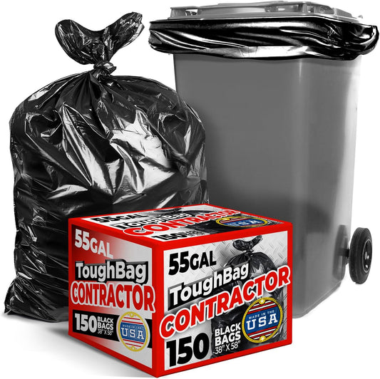 ToughBag 55-60 Gallon Heavy Duty Trash Bags - 150 Count, Large Black Garbage Bags - Made in USA